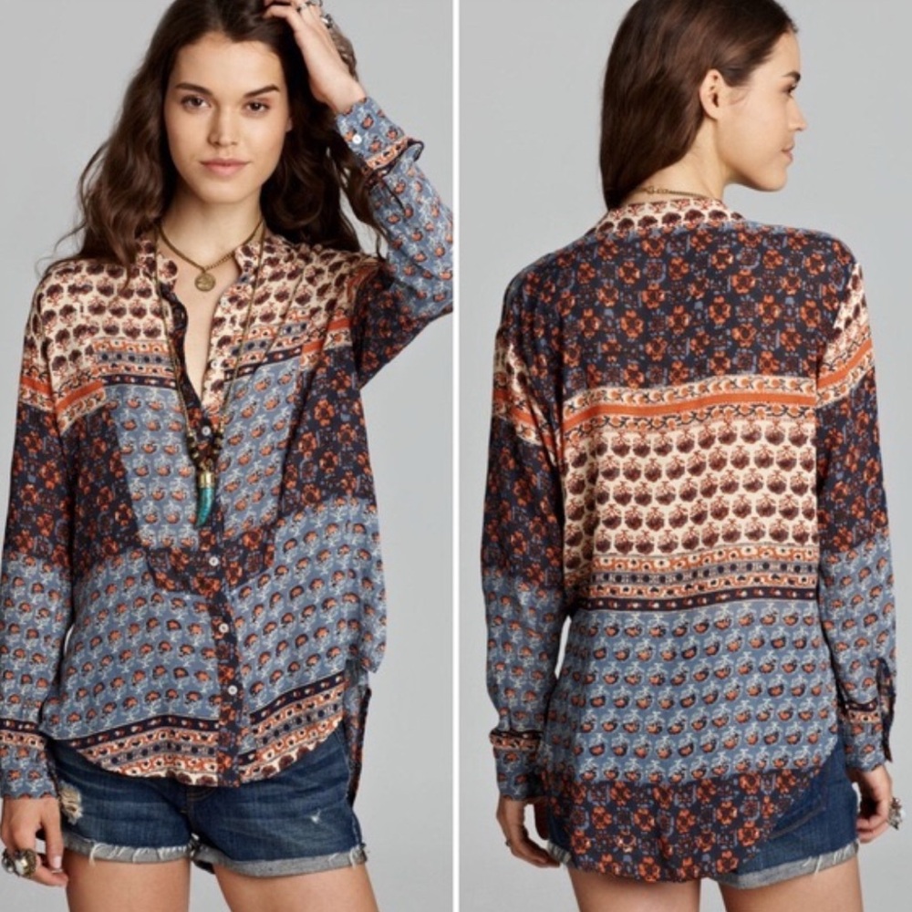 Free People Colorful Patterned Button Down Shirt